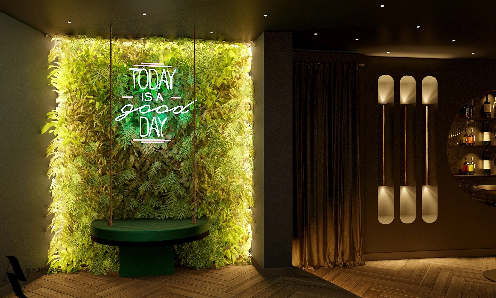 H&B Bar: Yeşil duvar ve oturma köşesi