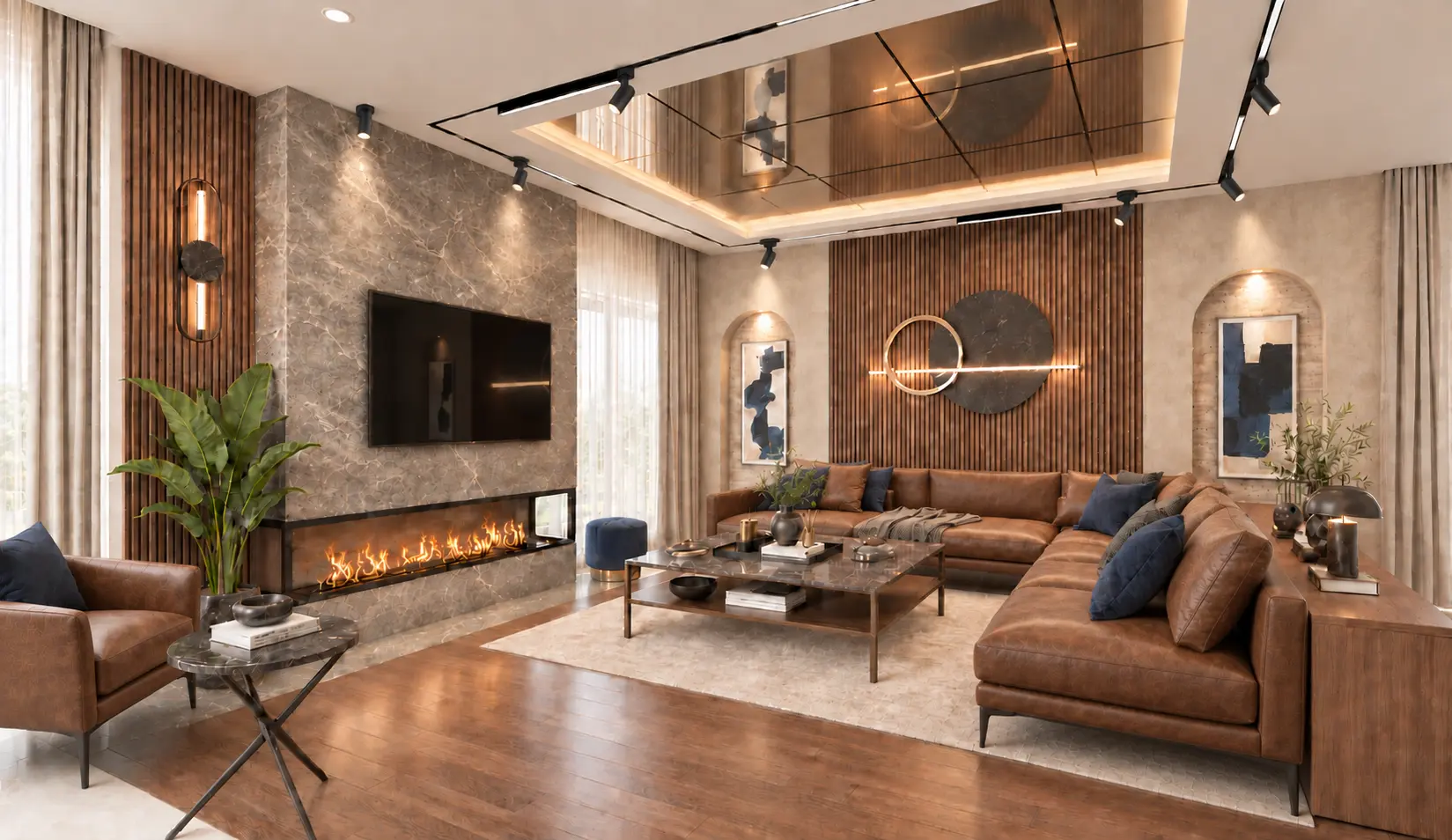 Modern ve Güçlü tarzda, kahve deri koltuklu ve ince metal ayaklı salon