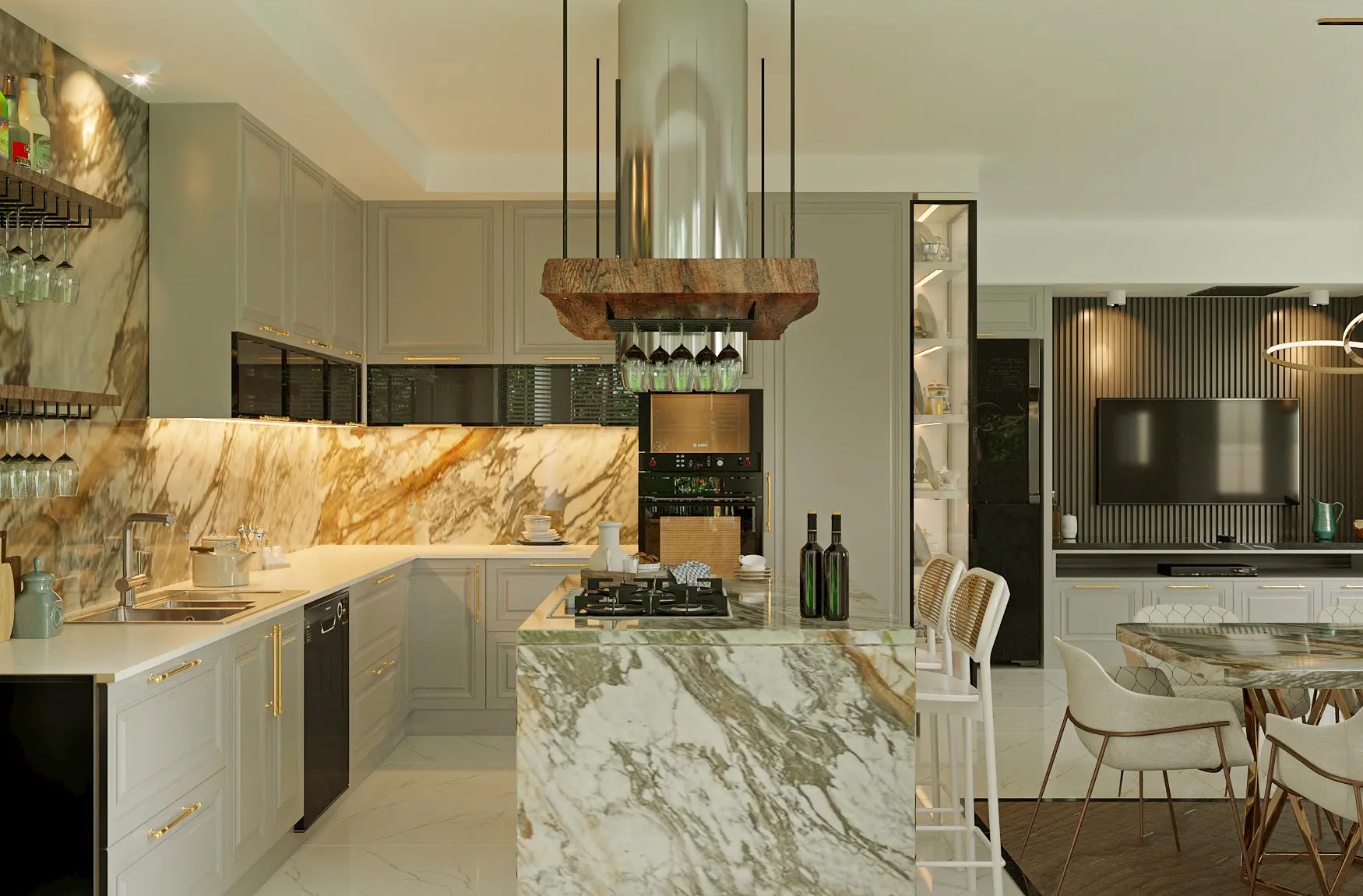 Açık renk dolaplı N&M Villa mutfağı